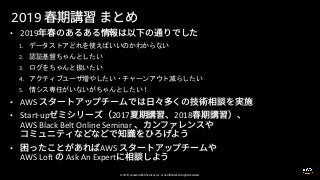 © 2019, Amazon Web Services, Inc. or its affiliates. All rights reserved.
2019
• 2019
1.
2.
3.
4.
5.
• AWS
• Start-up 2017 2018
AWS Black Belt Online Seminar
• AWS
AWS Loft Ask An Expert
 