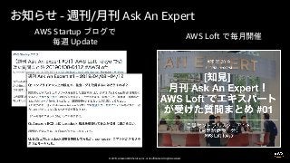 © 2019, Amazon Web Services, Inc. or its affiliates. All rights reserved.
- / Ask An Expert
AWS Startup
Update
AWS Loft
 