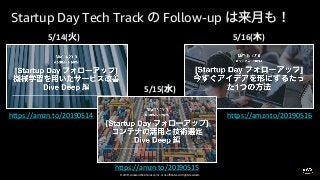 © 2019, Amazon Web Services, Inc. or its affiliates. All rights reserved.
Startup Day Tech Track Follow-up
5/14( )
https://amzn.to/20190514
5/16( )
https://amzn.to/20190516
https://amzn.to/20190515
5/15( )
 