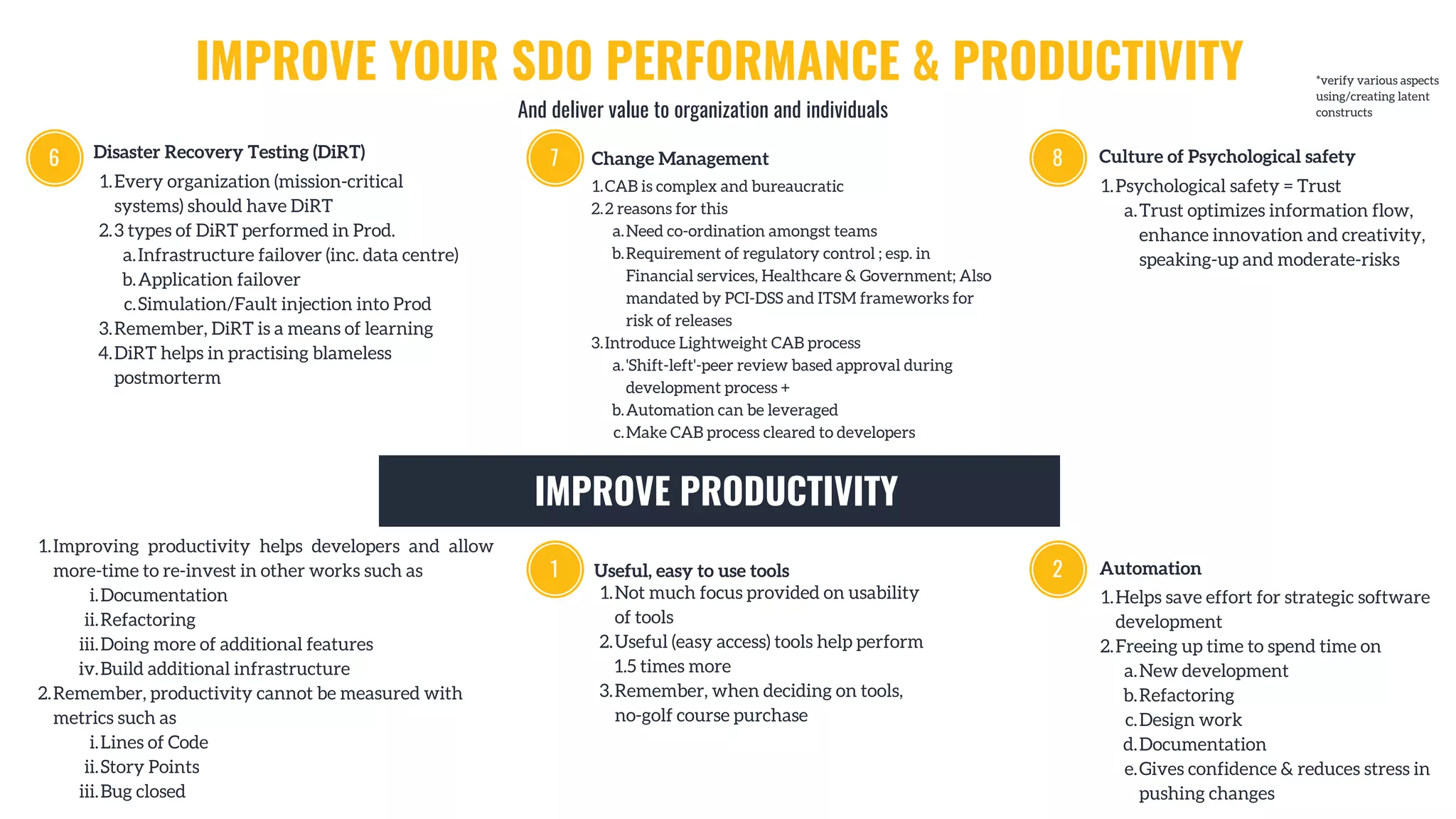 IMPROVE YOUR SDO PERFORMANCE & PRODUCTIVITY
And deliver value to organization and individuals
IMPROVE PRODUCTIVITY
*verify various aspects
using/creating latent
constructs
Disaster Recovery Testing (DiRT)
Every organization (mission-critical
systems) should have DiRT
3 types of DiRT performed in Prod.
Infrastructure failover (inc. data centre)
Application failover
Simulation/Fault injection into Prod
Remember, DiRT is a means of learning 
DiRT helps in practising blameless
postmorterm
1.
2.
a.
b.
c.
3.
4.
6 Change Management
CAB is complex and bureaucratic
2 reasons for this
Need co-ordination amongst teams
Requirement of regulatory control ; esp. in
Financial services, Healthcare & Government; Also
mandated by PCI-DSS and ITSM frameworks for
risk of releases
Introduce Lightweight CAB process
'Shift-left'-peer review based approval during
development process +
Automation can be leveraged 
Make CAB process cleared to developers
1.
2.
a.
b.
3.
a.
b.
c.
7 Culture of Psychological safety
Psychological safety = Trust 
Trust optimizes information flow,
enhance innovation and creativity,
speaking-up and moderate-risks
1.
a.
8
Improving productivity helps developers and allow
more-time to re-invest in other works such as
Documentation
Refactoring
Doing more of additional features
Build additional infrastructure
Remember, productivity cannot be measured with
metrics such as
Lines of Code
Story Points
Bug closed
1.
i.
ii.
iii.
iv.
2.
i.
ii.
iii.
Useful, easy to use tools
Not much focus provided on usability
of tools
Useful (easy access) tools help perform
1.5 times more
Remember, when deciding on tools,
no-golf course purchase
1.
2.
3.
1
Helps save effort for strategic software
development
Freeing up time to spend time on
New development
Refactoring
Design work
Documentation
Gives confidence & reduces stress in
pushing changes
1.
2.
a.
b.
c.
d.
e.
2 Automation
 