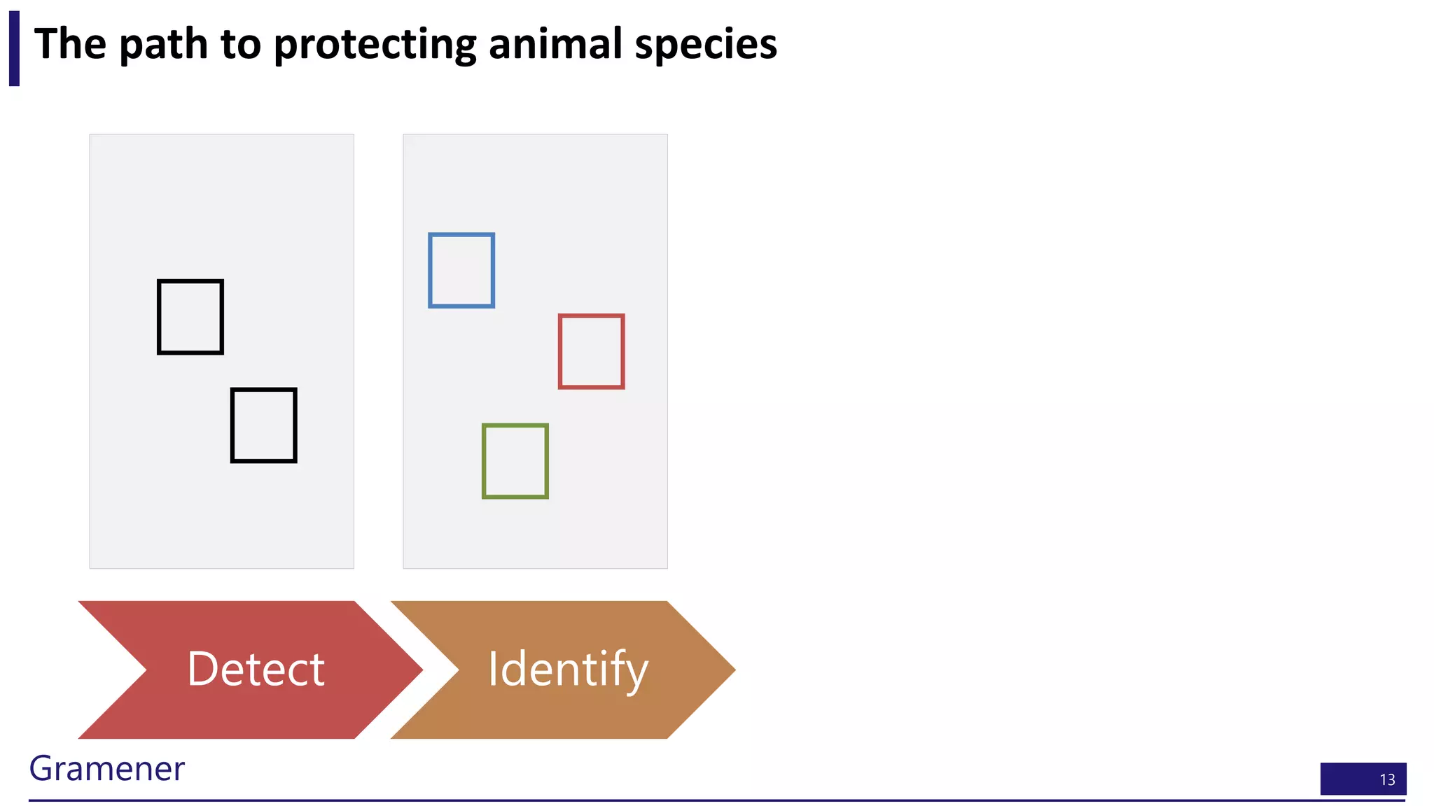 13Gramener
The path to protecting animal species
Detect Identify
 