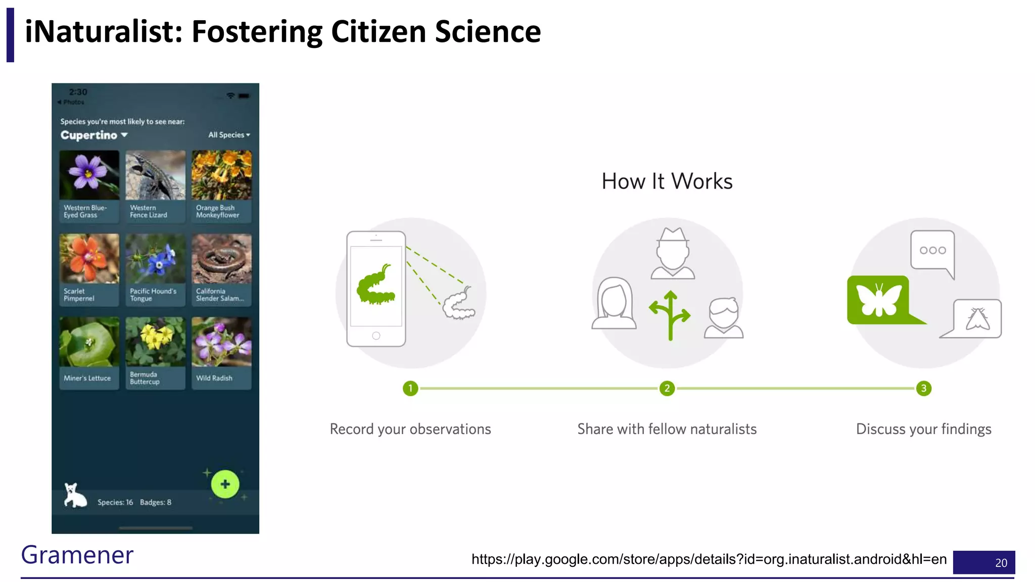 20Gramener
iNaturalist: Fostering Citizen Science
https://play.google.com/store/apps/details?id=org.inaturalist.android&hl=en
 