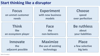 Sotiris Sirmakezis
Focus
on unmet customer
needs
Experiment
with new business
models
Think
like
an ecosystem player
Face
the
non-believers
Choose
speed
over perfection
Be ruthless
about
your liabilities
Innovate
the
adjacent possible
Maximize
the use of existing
technology
Place
a few selective
big bets
Start thinking like a disruptor
 