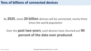 Sotiris Syrmakezis
Tens of billions of connected devices
By 2025, some 20 billion devices will be connected, nearly three
times the world population
Over the past two years, such devices have churned out 90
percent of the data ever produced.
Why digital strategies fail, McKinsey & Co., Jan 2018
 