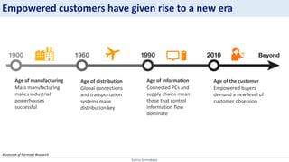 Sotiris Syrmakezis
Empowered customers have given rise to a new era
Age of manufacturing
Mass manufacturing
makes industrial
powerhouses
successful
Age of distribution
Global connections
and transportation
systems make
distribution key
Age of information
Connected PCs and
supply chains mean
those that control
information flow
dominate
Age of the customer
Empowered buyers
demand a new level of
customer obsession
A concept of Forrester Research
 