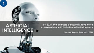 ARTIFICIAL
INTELLIGENCE
By 2020, the average person will have more
conversations with bots than with their spouse
Gartner ...