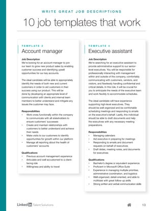 13
Job Description
We’re looking for an account manager to join
our team to grow new product sales by enabling
customer success and identifying upsell
opportunities for our key accounts.
The ideal candidate will be able to appropriately
identify the needs of both new and current
customers in order to aid customers in their
success using our product. This will be
done by developing an appropriate level of
communication with clients and internal team
members to better understand and mitigate any
issues the customer may face.
Responsibilities
•	 Work cross functionally within the company
to communicate with all stakeholders to
ensure customers’ successes
•	 Create and maintain relationships with
customers to better understand and achieve
their needs
•	 Make visits to our customers to identify
opportunities for growth within our platform
•	 Manage all reporting about the health of
customers’ accounts
Qualifications
•	 Previous account management experience
•	 Articulate and well accustomed to a client-
facing role
•	 Willingness and ability to travel
Account manager
T E M P L A T E 3
10 job templates that work
W R I T E G R E A T J O B D E S C R I P T I O N S
Job Description
We’re searching for an executive assistant to
provide administrative support to our senior-
level executives. You will be responsible for
professionally interacting with management
within and outside of the company, comfortably
communicating with customers, vendors, and
visitors, and flawlessly handling confidential and
critical details. In this role, it will be crucial for
you to anticipate the needs of the executive team
and work flexibly to accommodate schedules.
The ideal candidate will have experience
supporting high-level executives. They
should be well organized and be comfortable
scheduling meetings and responding to emails
on the executive’s behalf. Lastly, this individual
should be able to draft documents and help
the executives with any necessary meeting
preparations.
Responsibilities
•	 Managing calendars
•	 Aid executive in preparing for meetings
•	 Responding to emails and document
requests on behalf of executives
•	 Draft slides, meeting notes, and documents
for executives
Qualifications
•	 Bachelor’s degree or equivalent experience
•	 Proficient in Microsoft Office Suite
•	 Experience in managing multiple priorities,
administrative coordination, and logistics
•	 Well-organized, detail-oriented, and able to
multitask with great follow-up skills
•	 Strong written and verbal communication skills
Executive assistant
T E M P L A T E 4
 