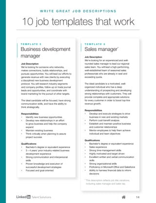 14
Job Description
We’re looking for someone who networks,
makes connections, builds relationships, and
pursues opportunities. You will lead our efforts to
generate revenue with new clients by executing
a disciplined new business development
protocol. You will research industry segments
and company profiles, follow up on trade journal
leads and opportunities, and coordinate with
brand marketing for the pursuit of other targets.
The ideal candidate will be focused, have strong
communication skills, and have the ability to
think strategically.
Responsibilities
•	 Identify new business opportunities
•	 Develop new relationships in an effort
to grow business and help the company
expand
•	 Maintain existing business
•	 Think critically when planning to assure
project success
Qualifications
•	 Bachelor’s degree or equivalent experience
•	 3 – 4 years’ prior industry-related business
development experience
•	 Strong communication and interpersonal
skills
•	 Proven knowledge and execution of
successful development strategies
•	 Focused and goal-oriented
Business development
manager
T E M P L A T E 5
Job Description
We’re looking for an experienced and well-
rounded sales manager to lead our regional
sales team. You will lead a high-performing,
well-established team of seasoned sales
professionals who are already in seat and
exceeding quota.
The ideal candidate is a motivated, well-
organized individual who has a deep
understanding of prospecting and developing
strong relationships with customers. They will
provide complete and appropriate solutions
for every customer in order to boost top-line
revenue growth.
Responsibilities
•	 Develop and execute strategies to drive
business in new and existing markets
•	 Perform cost-benefit analysis
•	 Establish and maintain positive business
and customer relationships
•	 Mentor employees to help them achieve
individual and team objectives
Qualifications
•	 Bachelor’s degree or equivalent experience
•	 Sales experience
•	 Strong time-management skills
•	 Highly motivated and target driven
•	 Excellent written and verbal communication
skills
•	 Strong organizational skills
•	 Proficiency in Microsoft Office and Salesforce
•	 Ability to harness financial data to inform
decisions
* This description reflects job title variations,
including sales manager and sales rep.
Sales manager*
T E M P L A T E 6
10 job templates that work
W R I T E G R E A T J O B D E S C R I P T I O N S
 