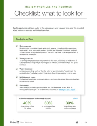 23
Common lies seen on resumes include: Source
of candidates inflate
their salary
of candidates inflate
job titles
of candidates alter
employment dates
40% 30% 30%
Checklist: what to look for
Discrepancies
Do you notice inconsistencies in a person’s resume, LinkedIn profile, or previous
application? Most serious job seekers do their due diligence to put their best self
forward across all digital touchpoints. If that’s not the case, it can suggest a lack of
professional awareness.
Short job tenure
An average employee stays in a position for 4.2 years, according to the Bureau of
Labor Statistics. Frequent job hopping could indicate poor relationships and quick
burn out.
Vague language
Ambiguous wording, such as “familiar with” or “participated in,” could imply the
candidate didn’t actually work on the project; they simply assisted in some way.
Mistakes and typos
Profiles that have typos, grammatical errors, and poor formatting demonstrate a lack
of attention to detail.
Dishonesty
Make sure you run background checks and call references. In fact, 85% of
employers have caught a lie on a resume, according to HireRight’s 2017 report.
Candidate red flags
Spotting potential red flags earlier in the process can save valuable time. Use this checklist
when reviewing resumes and LinkedIn profiles.
R E V I E W P R O F I L E S A N D R E S U M E S
 