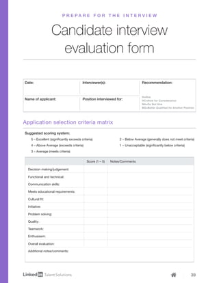 39
Candidate interview
evaluation form
Decision making/judgement:
Functional and technical:
Communication skills:
Meets educational requirements:
Cultural fit:
Initiative:
Problem solving:
Quality:
Teamwork:
Enthusiasm:
Overall evaluation:
Additional notes/comments:
Score (1 – 5) Notes/Comments
Suggested scoring system:
H=Hire
HC=Hold for Consideration
NH=Do Not Hire
BQ=Better Qualified for Another Position
5 – Excellent (significantly exceeds criteria)
4 – Above Average (exceeds criteria)
3 – Average (meets criteria)
2 – Below Average (generally does not meet criteria)
1 – Unacceptable (significantly below criteria)
Date:
Name of applicant:
Interviewer(s):
Position interviewed for:
Recommendation:
P R E P A R E F O R T H E I N T E R V I E W
Application selection criteria matrix
 