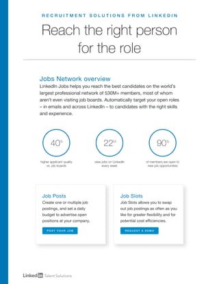 R E C R U I T M E N T S O L U T I O N S F R O M L I N K E D I N
Job Posts
Create one or multiple job
postings, and set a daily
budget to advertise open
positions at your company.
P O S T Y O U R J O B
Job Slots
Job Slots allows you to swap
out job postings as often as you
like for greater flexibility and for
potential cost efficiencies.
R E Q U E S T A D E M O
Reach the right person
for the role
Jobs Network overview
LinkedIn Jobs helps you reach the best candidates on the world’s
largest professional network of 530M+ members, most of whom
aren’t even visiting job boards. Automatically target your open roles
– in emails and across LinkedIn – to candidates with the right skills
and experience.
higher applicant quality
vs. job boards
40%
view jobs on LinkedIn
every week
22M
of members are open to
new job opportunities
90%
 