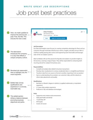 9
Data Analyst
San Francisco, CA US
Posted 2 weeks ago | 489 views
Job Description
Our Data and Analytics team focuses on creating competitive advantage for Flexis and our
customers through novel data infrastructure, metrics, insights, and data services. We’re a
small but rapidly growing data science and engineering team that builds and leverages
state-of-the-art analytics systems.
Ideal candidates will use their passion for big data and analytics to provide insights to
the business, covering a range of topics. They will be responsible for conducting both
recurring and ad hoc analysis for business users.
Responsibilities
•	 Compile and analyze data related to business transactions
•	 Develop clear visualizations to convey complicated data in a straightforward fashion
•	 Transform data from one source or format to another, importing it into our product
•	 Gain an understanding of our product, our customers' data, and the industry to
inform data adjustments and quality
Qualifications
•	 Bachelor’s or Master’s degree in statistics or applied mathematics or equivalent
experience
•	 3–5 years data analysis experience
•	 Proficient in SQL and database technologies
Perks
•	 Supportive and creative work environment
•	 Fully paid health and dental
•	 15 paid days off
•	 401(k) plan
•	 Snacks (of course)
The description
introduces the company
in a way that reflects a
unique company culture.
Job post best practices
W R I T E G R E A T J O B D E S C R I P T I O N S
Here, we made updates to
improve the previous job
post. First, the title. This
ensures the role is clear.
Revisited job responsibil-
ities to highlight only the
most important.
Bullets help convey
qualifications and
experience in a concise,
scannable way.
This added section
strikes a balance between
promoting business
objectives and perks.
 