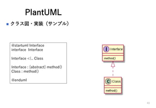 PlantUML
? 饹?gװץ룩
43
@startuml Interface
interface Interface
Interface <|.. Class
Interface : {abstract} method()
Class : method()
@enduml
 