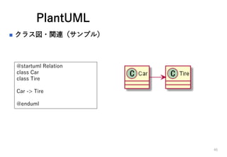 PlantUML
? 饹?vBץ룩
45
@startuml Relation
class Car
class Tire
Car -> Tire
@enduml
 