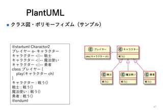 PlantUML
? 饹?ݥ`եࣨץ룩
47
@startuml Charactor2
ץ쥤` o- 饯`
饯` <|-- ʿ
饯` <|-- ħʹ
饯` <|-- 
class ץ쥤` {
play(饯` ch)
}
饯` : 餦()
ʿ : 餦()
ħʹ : 餦()
 : 餦()
@enduml
 