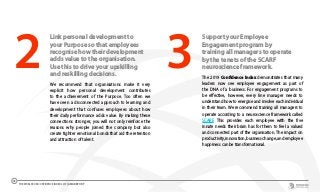Link personal development to
your Purpose so that employees
recognise how their development
adds value to the organisation.
Use this to drive your upskilling
and reskilling decisions.
We recommend that organisations make it very
explicit how personal development contributes
to the achievement of the Purpose. Too often we
have seen a disconnected approach to learning and
development that confuses employees about how
their daily performance adds value. By making these
connections stronger, you will not only reinforce the
reasons why people joined the company but also
create tighter emotional bonds that aid the retention
and attraction of talent.
Support your Employee
Engagement program by
training all managers to operate
by the tenets of the SCARF
neuroscience framework.
The 2019 Confidence Index demonstrates that many
leaders now see employee engagement as part of
the DNA of a business. For engagement programs to
be effective, however, every line manager needs to
understand how to energise and involve each individual
in their team. We recommend training all managers to
operate according to a neuroscience framework called
SCARF. This provides each employee with the five
innate needs their brain has for them to feel a valued
and connected part of the organisation. The impact on
productivity,innovation,businesschange,andemployee
happiness can be transformational.
2 3
THE WORLDCOM CONFIDENCE INDEX 2019 | ASIA REPORT
42
 