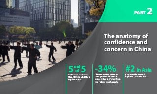 5 5CMOs more confident
than CEOs for all of their
top five topics
out
of
PART 2
The anatomy of
confidence and
concern in China
-34%Chinese leaders between
the ages of 45-54 are 34
per cent less confident than
their global counterparts
#2inAsia
China has the second
highest CI score in Asia
 