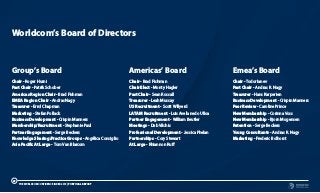 Group’s Board
Chair - Roger Hurni
Past Chair - Patrik Schober
Americas Region Chair - Brad Fishman
EMEA Region Chair - Andras Nagy
Treasurer - Errol Chapman
Marketing - Stefan Pollack
Business Development - Crispin Manners
Membership/Recruitment - Stephanie Paul
Partner Engagement - Serge Beckers
Knowledge Sharing/Practice Groups - Angélica Consiglio
Asia Pacific At Large - Tom Van Blarcom
Americas’ Board
Chair - Brad Fishman
Chair Elect - Monty Hagler
Past Chair - Sean Rossall
Treasurer - Leah Mussay
US Recruitment - Scott Willyerd
LATAM Recruitment - Luis Avellanedo Ulloa
Partner Engagement - William Beutler
Meetings - Deb Vilchis
Professional Development - Jessica Phelan
Partnerships - Cory Stewart
At Large - Rhiannon Ruff
Emea’s Board
Chair - Todor Ianev
Past Chair - Andras R. Nagy
Treasurer - Hans Karperien
Business Development - Crispin Manners
Peer Review - Caroline Prince
New Membership - Corinna Voss
New Membership - Bjorn Mogensen
Retention - Serge Beckers
Young Consultants - Andras R. Nagy
Marketing - Frederic Bolhorst
Worldcom’s Board of Directors
29
THE WORLDCOM CONFIDENCE INDEX 2019 | PORTUGAL REPORT
 