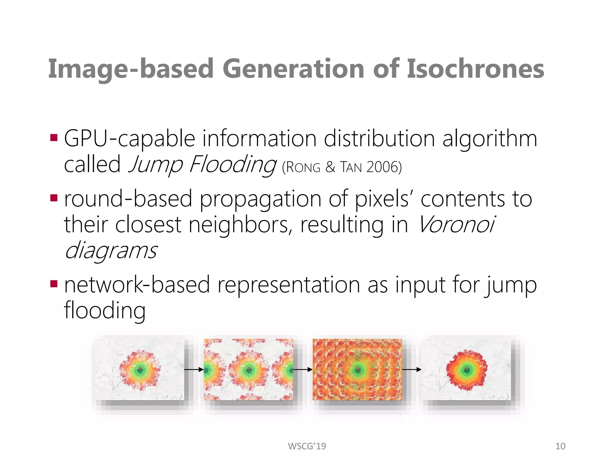 Image-based Generation of Isochrones
▪ GPU-capable information distribution algorithm
called Jump Flooding (RONG & TAN 2006)
▪ round-based propagation of pixels’ contents to
their closest neighbors, resulting in Voronoi
diagrams
▪ network-based representation as input for jump
flooding
10
WSCG’19
 