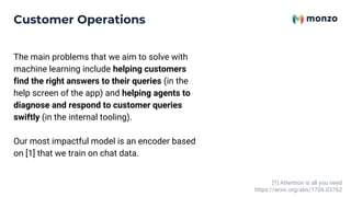 The main problems that we aim to solve with
machine learning include helping customers
find the right answers to their queries (in the
help screen of the app) and helping agents to
diagnose and respond to customer queries
swiftly (in the internal tooling).
Our most impactful model is an encoder based
on [1] that we train on chat data.
[1] Attention is all you need
https://arxiv.org/abs/1706.03762
Customer Operations
 