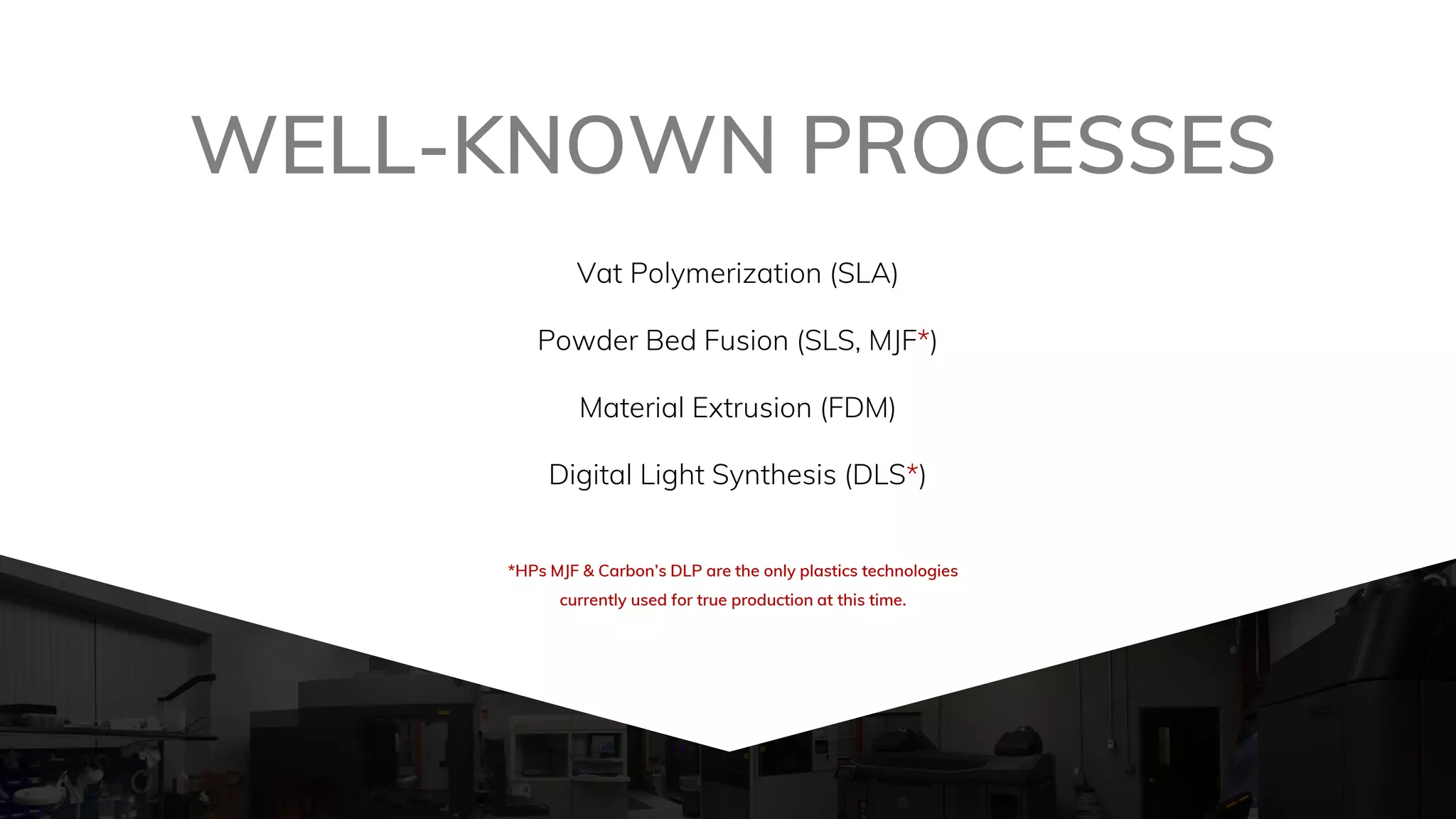 Vat Polymerization (SLA)
Powder Bed Fusion (SLS, MJF*)
Material Extrusion (FDM)
Digital Light Synthesis (DLS*)
WELL-KNOWN PROCESSES
*HPs MJF & Carbon’s DLP are the only plastics technologies
currently used for true production at this time.
 
