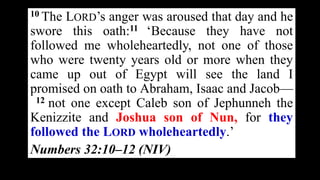 10 The LORD’s anger was aroused that day and he
swore this oath:11 ‘Because they have not
followed me wholeheartedly, not one of those
who were twenty years old or more when they
came up out of Egypt will see the land I
promised on oath to Abraham, Isaac and Jacob—
12 not one except Caleb son of Jephunneh the
Kenizzite and Joshua son of Nun, for they
followed the LORD wholeheartedly.’
Numbers 32:10–12 (NIV)
 