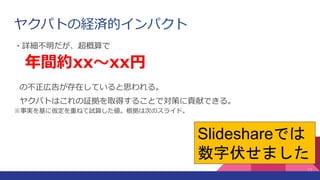 ヤクパトの経済的インパクト
・詳細不明だが、超概算で
年間約xx～xx円
の不正広告が存在していると思われる。
ヤクパトはこれの証拠を取得することで対策に貢献できる。
※事実を基に仮定を重ねて試算した値。根拠は次のスライド。
11
Slideshareでは
数字伏せました
 