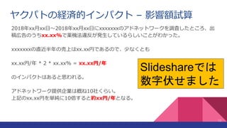 ヤクパトの経済的インパクト – 影響額試算
12
2018年xx月xx日～2018年xx月xx日にxxxxxxxのアドネットワークを調査したところ、出
稿広告のうちxx.xx%で薬機法違反が発生しているらしいことがわかった。
xxxxxxxの直近半年の売上はxx.xx円であるので、少なくとも
xx.xx円/年 * 2 * xx.xx% = xx.xx円/年
のインパクトはあると思われる。
アドネットワーク提供企業は概ね10社くらい。
上記のxx.xx円を単純に10倍すると約xx円/年となる。
Slideshareでは
数字伏せました
 