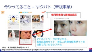 今やってること – ヤクパト（新規事業）
6
参考：東京都福祉保健局のページ
http://www.fukushihoken.metro.tokyo.jp/smph/kenkou/iyaku/sonota/koukoku/huteki/zenpan/ihan02.html
アドネットワークの中にある
薬機法違反サイト・著名人肖像権侵害サイトを
自動で見つけるシステム
使用前後図で薬機法違反
 