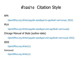 ตัวอย่าง Citation Style
APA
OpenOffice.org Writer(บุญเลิศ อรุณพิบูลย์ & บุญเกียรติ เจตจานงนุช, 2553)
MLA
OpenOffice.org Writer(บุญเลิศ อรุณพิบูลย์ and บุญเกียรติ เจตจานงนุช)
Chicago Manual of Style (author-date)
OpenOffice.org Writer(บุญเลิศ อรุณพิบูลย์ and บุญเกียรติ เจตจานงนุช 2553)
IEEE
OpenOffice.org Writer[1]
Vancouver
OpenOffice.org Writer(1)
 