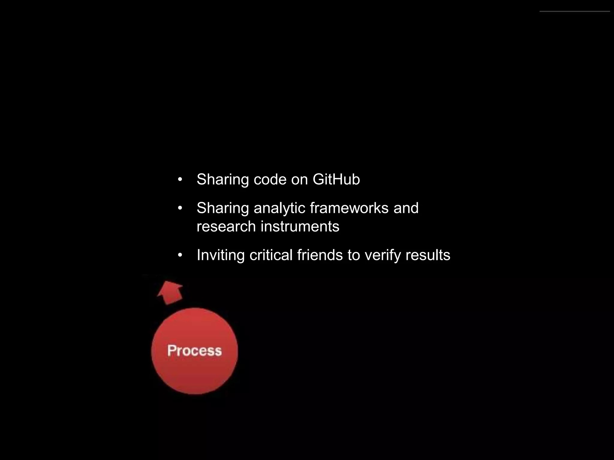 https://commons.wikimedia.org/wiki/File:Research_cycle.png By Cameron Neylon (CC-BY)
• Sharing code on GitHub
• Sharing analytic frameworks and
research instruments
• Inviting critical friends to verify results
 
