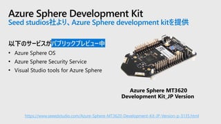 Azure Sphere Development Kit
Seed studios社より、Azure Sphere development kitを提供
以下のサービスがパブリックプレビュー中
• Azure Sphere OS
• Azure Sphere Security Service
• Visual Studio tools for Azure Sphere
Azure Sphere MT3620
Development Kit_JP Version
https://www.seeedstudio.com/Azure-Sphere-MT3620-Development-Kit-JP-Version-p-3135.html
 