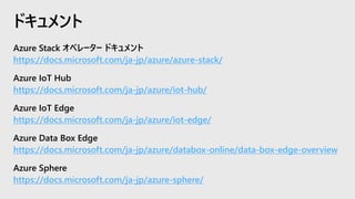 Azure Stack オペレーター ドキュメント
https://docs.microsoft.com/ja-jp/azure/azure-stack/
Azure IoT Hub
https://docs.microsoft.com/ja-jp/azure/iot-hub/
Azure IoT Edge
https://docs.microsoft.com/ja-jp/azure/iot-edge/
Azure Data Box Edge
https://docs.microsoft.com/ja-jp/azure/databox-online/data-box-edge-overview
Azure Sphere
https://docs.microsoft.com/ja-jp/azure-sphere/
ドキュメント
 