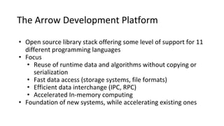 The Arrow Development Platform
• Open source library stack offering some level of support for 11
different programming languages
• Focus
• Reuse of runtime data and algorithms without copying or
serialization
• Fast data access (storage systems, file formats)
• Efficient data interchange (IPC, RPC)
• Accelerated In-memory computing
• Foundation of new systems, while accelerating existing ones
 