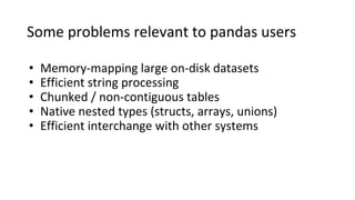 Some problems relevant to pandas users
• Memory-mapping large on-disk datasets
• Efficient string processing
• Chunked / non-contiguous tables
• Native nested types (structs, arrays, unions)
• Efficient interchange with other systems
 
