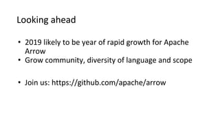 Looking ahead
• 2019 likely to be year of rapid growth for Apache
Arrow
• Grow community, diversity of language and scope
• Join us: https://github.com/apache/arrow
 