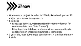 • Open source project founded in 2016 by key developers of 13
major open source data projects
• Key ideas
• Language agnostic, open standard in-memory format for
columnar data (aka “data frames”)
• Bring together database and data science communities to
collaborate on shared computational technology
• 3 years old, over 200 unique contributors, > 1 million monthly
installs
 