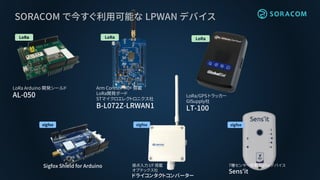 SORACOM で今すぐ利用可能な LPWAN デバイス
Sigfox Shield for Arduino 接点入力 I/F 搭載
オプテックス社
ドライコンタクトコンバーター
7種センサー搭載 Sigfoxデバイス
Sens’it
LoRa Arduino 開発シールド
AL-050
Arm Coretex-M0+ 搭載
LoRa開発ボード
STマイクロエレクトロニクス社
B-L072Z-LRWAN1
LoRa/GPS トラッカー
GISupply社
LT-100
 