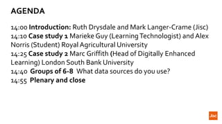 AGENDA
14:00 Introduction: Ruth Drysdale and Mark Langer-Crame (Jisc)
14:10 Case study 1 Marieke Guy (LearningTechnologist) and Alex
Norris (Student) Royal Agricultural University
14:25 Case study 2 Marc Griffith (Head of Digitally Enhanced
Learning) London South Bank University
14:40 Groups of 6-8 What data sources do you use?
14:55 Plenary and close
 