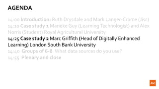 AGENDA
14:00 Introduction: Ruth Drysdale and Mark Langer-Crame (Jisc)
14:10 Case study 1 Marieke Guy (LearningTechnologist) and Alex
Norris (Student) Royal Agricultural University
14:25 Case study 2 Marc Griffith (Head of Digitally Enhanced
Learning) London South Bank University
14:40 Groups of 6-8 What data sources do you use?
14:55 Plenary and close
 