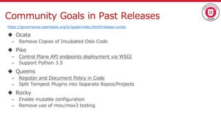 Community Goals in Past Releases
https://governance.openstack.org/tc/goals/index.html#release-cycles
 Ocata
– Remove Copies of Incubated Oslo Code
 Pike
– Control Plane API endpoints deployment via WSGI
– Support Python 3.5
 Queens
– Register and Document Policy in Code
– Split Tempest Plugins into Separate Repos/Projects
 Rocky
– Enable mutable configuration
– Remove use of mox/mox3 testing
 