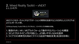 2. Mixed Reality Toolkit – vNEXT
2.1.コンセプト
2019/01/18
XRデバイスをターゲットとするアプリケーションの開発を加速することを目的としたスクリプトお
よびコンポーネント群。
元のMixed Reality Toolkitで培ったノウハウを元に、リファクタリング/再構築を実施。
1. 複数のVR / AR / XRプラットフォームで動作するソリューションを構築
2. ラピッドプロトタイピングを可能にし、より使いやすいSDKを提供
3. ライブラリの柔軟性を高めてデバイス追加や機能変更/拡張を容易に
 