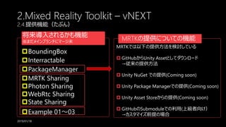 2.Mixed Reality Toolkit – vNEXT
2.4.提供機能（たぶん）
将来導入されるかも機能
※まだメインブランチにマージ未
BoundingBox
Interractable
PackageManager
MRTK Sharing
Photon Sharing
WebRtc Sharing
State Sharing
Example 01～03
2019/01/18
MRTKでは以下の提供方法を検討している
 GitHubからUnity Assetとしてダウンロード
→従来の提供方法
 Unity NuGet での提供(Coming soon)
 Unity Package Managerでの提供(Coming soon)
 Unity Asset Storeからの提供(Coming soon)
 GitHubのSubmoduleでの利用(上級者向け）
→カスタマイズ前提の場合
MRTKの提供についての機能
 