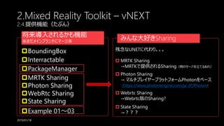 2.Mixed Reality Toolkit – vNEXT
2.4.提供機能（たぶん）
将来導入されるかも機能
※まだメインブランチにマージ未
BoundingBox
Interractable
PackageManager
MRTK Sharing
Photon Sharing
WebRtc Sharing
State Sharing
Example 01～03
2019/01/18
残念なUNETに代わり。。。
 MRTK Sharing
→MRTKで提供されるSharing（例のサーバを立てるあれ）
 Photon Sharing
→ マルチプレイヤープラットフォームPhotonをベース
(https://www.photonengine.com/ja-JP/Photon)
 Webrtc Sharing
→Webrtc版のSharing?
 State Sharing
→？？？
みんな大好きSharing
 