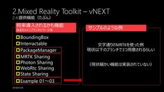 2.Mixed Reality Toolkit – vNEXT
2.4.提供機能（たぶん）
将来導入されるかも機能
※まだメインブランチにマージ未
BoundingBox
Interractable
PackageManager
MRTK Sharing
Photon Sharing
WebRtc Sharing
State Sharing
Example 01～03
2019/01/18
文字通りのMRTKを使った例
現状以下のブランチで3つ用意されるらしい
（現状細かい機能は実装されていない）
サンプルのような例
 