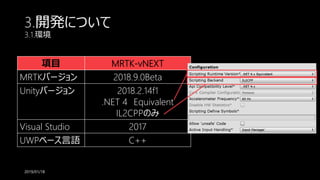 3.開発について
3.1.環境
項目 MRTK-vNEXT
MRTKバージョン 2018.9.0Beta
Unityバージョン 2018.2.14f1
.NET 4 Equivalent
IL2CPPのみ
Visual Studio 2017
UWPベース言語 C++
2019/01/18
 