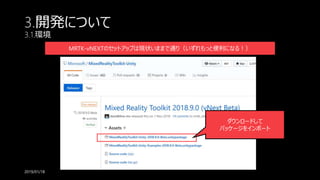 3.開発について
3.1.環境
2019/01/18
MRTK-vNEXTのセットアップは現状いままで通り（いずれもっと便利になる！）
ダウンロードして
パッケージをインポート
 