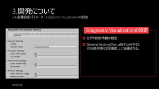 3.開発について
3.4.各種設定パラメータ – Diagnostic Visualizationの設定
2019/01/18
 ログや診断情報の設定
 General SettingのVisualをチェックすると
CPU使用率などが画面上に描画される。
Diagnostic Visualizationの設定
 