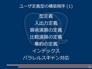 59
ユーザ定義型の構築順序 (1)
型定義
入出力定義
算術演算の定義
比較演算の定義
集約の定義
インデックス
パラレルスキャン対応
 