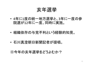亥年選挙
• 4年に1度の統一地方選挙と、3年に一度の参
院選が12年に一度、同時に実施。
• 組織依存の与党不利という経験的知見。
• 石川真澄朝日新聞記者が提唱。
※今年の亥年選挙をどうよむか？
12
 